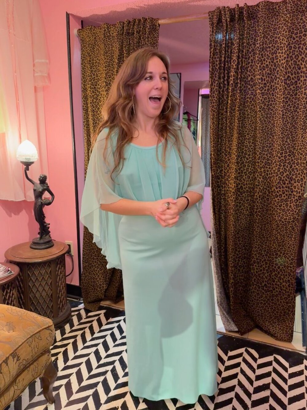 angel wing sleeve empire waist seafoam green gown